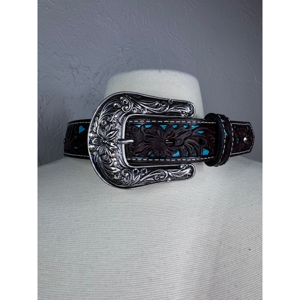 Ariat girls' brown tooled leather western belt size 20" waist removable buckle